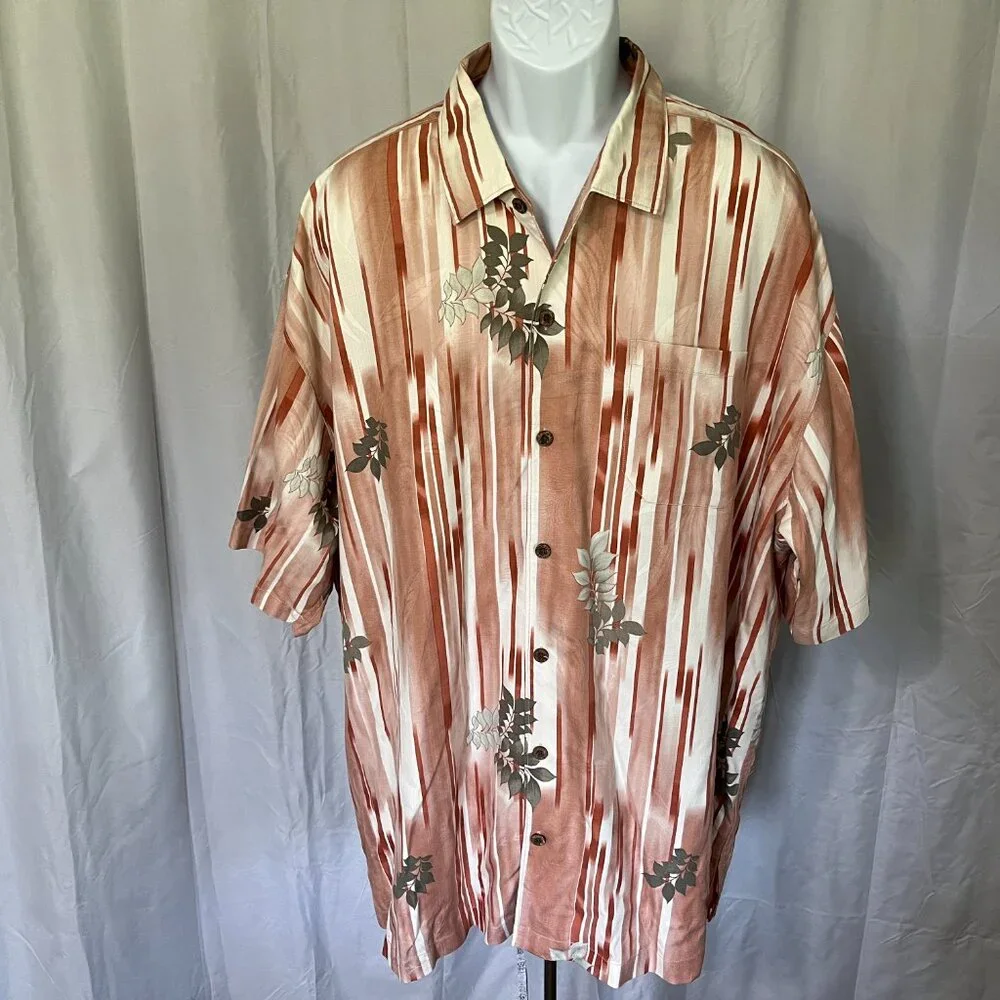 🌴 Tommy Bahama Men’s Pink Ivory Gray 100% Silk Hawaiian Shirt XXL 🍹